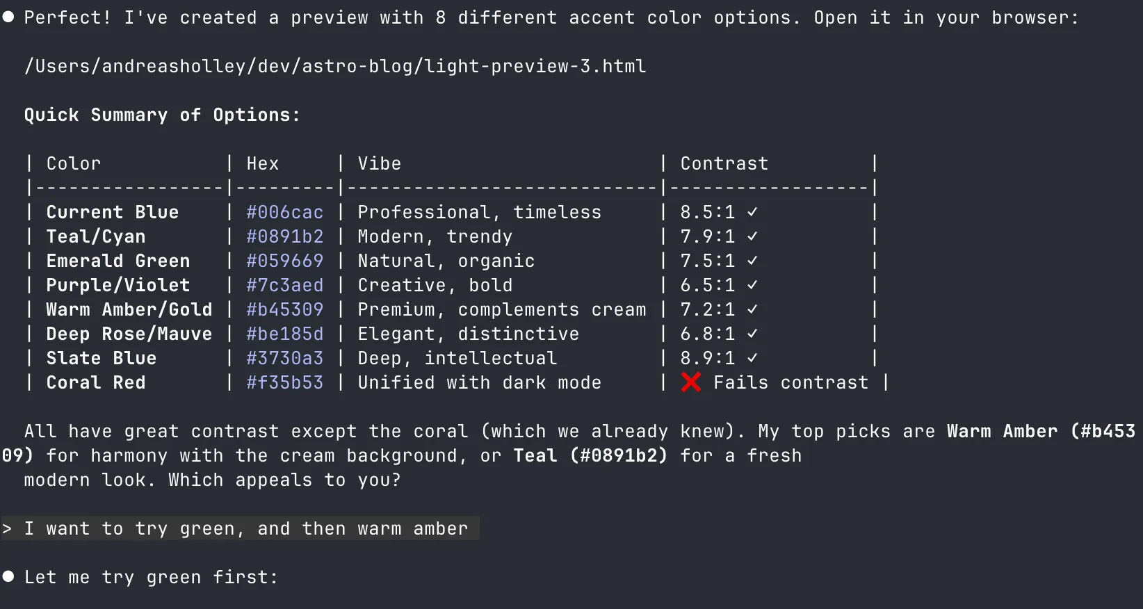 Claude code screenshot showing some accent colours, and how they match with the rest of the theme